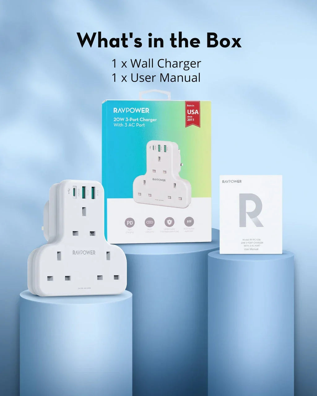 Ravpower PD Pioneer 20W 3 Port Charger Uk Version With 3 Ac Plug - White - Tashqila Ravpower PD Pioneer 20W 3 Port Charger Uk Version With 3 Ac Plug - White - Tashqila